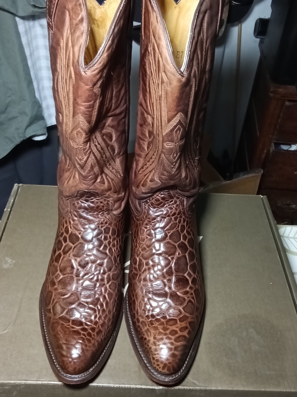 Men's Brown Sea Turtle print Leather Cowboy Boots, Size 12